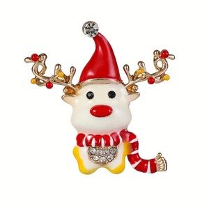 Brooch- Deer, NIP, cute cartoonish,gold,red, & white enamel paint, 1.3”x1.3”